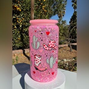 Country girl with boots hat cactus snow globe glass tumbler 16oz